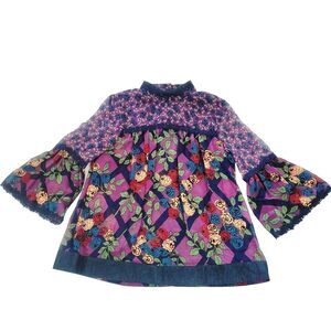Anna Sui Silk Sheer Floral Purple Boho Top XS Bell Sleeves Hippy Artsy Bright